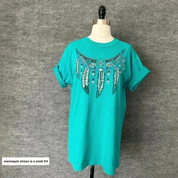 Vintage 90s Southwestern Shirt Womens Large Teal Feathers Boho Art Festival Tee - Picture 3 of 13